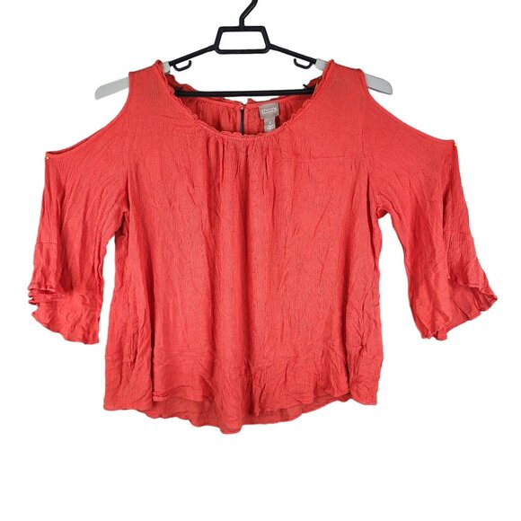 Women's Orange Chico's Blouse Top Cold Shoulder 3/4 Sleeve Round Neck Size 3 - Picture 1 of 12